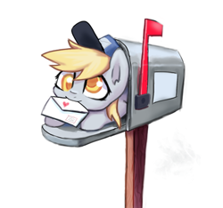 Size: 564x529 | Tagged: safe, artist:inowiseei, character:derpy hooves, species:pegasus, species:pony, adorable face, chibi, clothing, colored pupils, cute, derpabetes, derpy inside a mailbox, female, hat, letter, mailbox, mailmare, mailmare hat, mare, micro, mouth hold, postman's hat, simple background, solo, white background