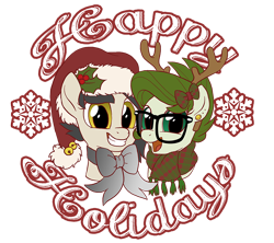 Size: 900x800 | Tagged: safe, artist:lostinthetrees, oc, oc only, oc:storm, oc:trees, species:earth pony, species:pony, bow, clothing, female, glasses, hair bow, happy holidays, mare, reindeer antlers, scarf