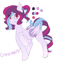 Size: 2227x2394 | Tagged: safe, artist:futaku, oc, oc only, oc:creamery, species:bat pony, species:pony, bow, bow tie, fangs, freckles, multicolored hair, ponytail, reference sheet, simple background, solo
