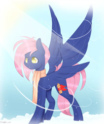 Size: 1399x1658 | Tagged: safe, artist:clefficia, oc, oc only, oc:storybook, species:pegasus, species:pony, clothing, scarf, snow, snowfall, solo, windy