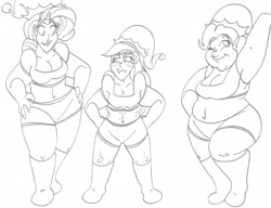 Size: 2429x1861 | Tagged: safe, artist:catstuxedo, character:pinkie pie, character:rainbow dash, character:rarity, species:human, belly button, christmas, chubby, fat, humanized, monochrome, pudgy pie