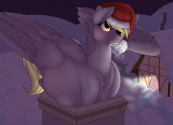 Size: 4000x2900 | Tagged: safe, artist:m-p-l, character:derpy hooves, species:pegasus, species:pony, belly, big belly, blushing, chest fluff, chimney, clothing, female, hat, kicking, mare, pregnant, santa hat, snow, solo, stuck