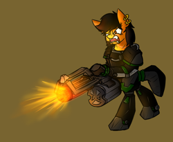 Size: 2200x1800 | Tagged: safe, artist:nekro-led, oc, oc only, oc:one-eyed lola, species:earth pony, species:pony, fallout equestria, brown background, minigun, piercing, power armor, powered exoskeleton, simple background, solo