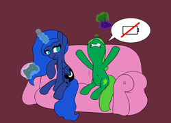 Size: 1008x731 | Tagged: safe, artist:limedreaming, character:princess luna, oc, oc:lime dream, gamer luna, angry, belly button, controller, couch, magic, scrunchy face, simple background