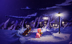 Size: 2100x1300 | Tagged: safe, artist:freeedon, character:fluttershy, species:pony, basket, clothing, female, forest, house, lamp, lamp post, looking at something, looking up, mouth hold, night, scarf, scenery, snow, snowfall, solo, streetlight, town, wagon, winter