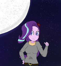 Size: 1611x1727 | Tagged: safe, artist:mildockart, character:starlight glimmer, my little pony:equestria girls, belt buckle, clothing, equestria girls-ified, female, full moon, looking at you, moon, night, pants, smiling, solo, stars, sweater