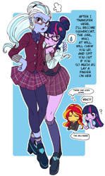 Size: 511x855 | Tagged: safe, artist:pasikon, character:sugarcoat, character:sunset shimmer, character:twilight sparkle, character:twilight sparkle (scitwi), species:eqg human, equestria girls:friendship games, g4, my little pony: equestria girls, my little pony:equestria girls, clothing, dialogue, female, lesbian, shipping, skirt, speech bubble, sugartwi, translation, twolight