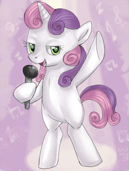 Size: 522x692 | Tagged: safe, artist:trojan-pony, character:sweetie belle, species:pony, species:unicorn, bipedal, female, microphone, raised hoof, singing, solo