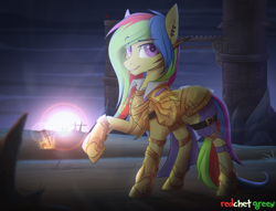 Size: 1600x1225 | Tagged: safe, artist:redchetgreen, oc, oc only, oc:ayvendil, species:earth pony, species:pony, armor, dungeons and dragons, ear piercing, fantasy class, female, fire, knight, looking at you, mare, multicolored hair, paladin, piercing, purple eyes, raised hoof, smiling, solo, sunrise, sword, warrior, weapon