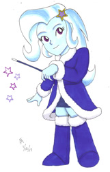 Size: 600x932 | Tagged: safe, artist:mayorlight, character:trixie, my little pony:equestria girls, boots, female, looking at you, magic, magic wand, simple background, smiling, solo, traditional art, winter coat