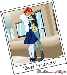 Size: 955x1070 | Tagged: safe, artist:deltalima, character:sunset shimmer, character:trixie, ship:suntrix, my little pony:equestria girls, best friends, building, clothing, dress, eyes closed, female, high heels, jacket, kissing, leather jacket, lesbian, pants, photo, shipping, size difference
