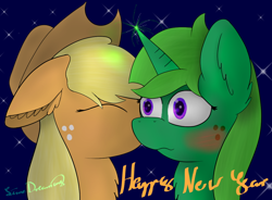 Size: 1024x752 | Tagged: safe, artist:limedreaming, character:applejack, oc, oc:lime dream, blushing, canon x oc, female, horngasm, kissing, lesbian, new year, night, orgasm, shipping