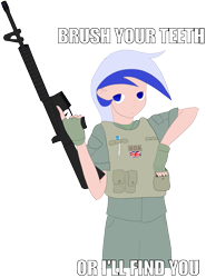 Size: 775x1045 | Tagged: safe, artist:totallynotabronyfim, character:minuette, species:human, ar15, assault rifle, british, clothing, female, gun, humanized, image macro, impact font, lidded eyes, m16, meme, monty python, rifle, simple background, solo, text, toothbrush, transparent background, trigger discipline, vest, weapon