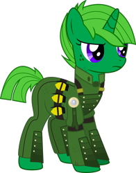 Size: 3666x4672 | Tagged: safe, artist:limedreaming, oc, oc only, oc:lime dream, species:pony, species:unicorn, absurd resolution, alternate timeline, clothing, combustible lemon, crystal war timeline, female, mare, simple background, solo, transparent background, uniform, vector