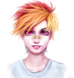 Size: 1081x1135 | Tagged: safe, artist:inowiseei, character:rainbow dash, species:human, alternate hairstyle, bandaid, bust, clothing, female, humanized, lips, looking at you, portrait, realistic, short hair, short hair rainbow dash, simple background, smiling, solo