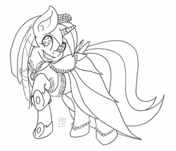 Size: 2230x1913 | Tagged: safe, artist:dimvitrarius, character:minuette, species:pony, species:unicorn, bow, clothing, dress, female, horn ring, looking at you, monochrome, raised hoof, simple background, smiling, solo, tail bow, veil, white background