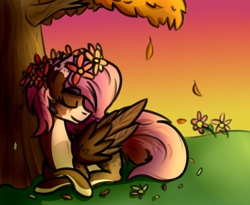 Size: 2200x1800 | Tagged: safe, artist:nekro-led, oc, oc only, oc:riley, species:pegasus, species:pony, autumn, floral head wreath, flower, peaceful, solo, sunset, tree