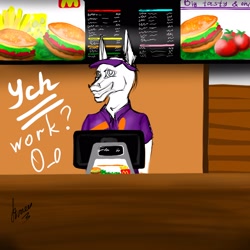 Size: 2160x2160 | Tagged: safe, artist:stirren, oc, oc only, species:anthro, cashier, commission, mcdonald's, salespony, smiling, solo, standing, your character here