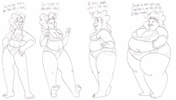 Size: 3673x2105 | Tagged: safe, artist:catstuxedo, character:pinkie pie, species:human, bikini, chubby, clothing, dialogue, fat, humanized, monochrome, obese, piggy pie, pudgy pie, speech bubble, swimsuit, weight gain