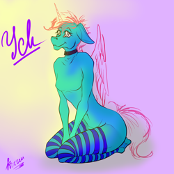 Size: 2000x2000 | Tagged: safe, artist:stirren, oc, oc only, species:anthro, advertisement, any gender, auction, clothing, collar, commission, horn, looking up, pet, pet play, sitting, smiling, socks, solo, striped socks, wings, your character here