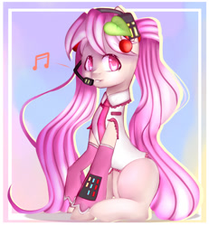 Size: 1567x1693 | Tagged: safe, artist:clefficia, oc, oc only, species:pony, clothing, colored pupils, cute, gradient background, hatsune miku, headset, music notes, ponified, raised hoof, sitting, solo