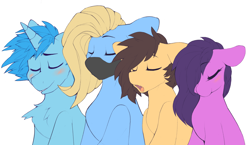 Size: 1280x742 | Tagged: safe, artist:kribbles, oc, oc only, oc:blank space, oc:cold brew, oc:jenny, oc:kribbles, species:pony, species:unicorn, blushing, explicit source, eyelashes, eyes closed, open mouth