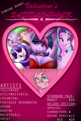 Size: 1136x1695 | Tagged: safe, artist:da3rd, artist:evilymasterful, artist:tallyburd, artist:thecreamyowl, character:pinkie pie, character:rarity, character:spike, character:starlight glimmer, character:twilight sparkle, species:anthro, species:dragon, art pack, art pack cover, valentine's day