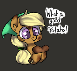 Size: 1599x1466 | Tagged: safe, artist:whale, oc, oc only, oc:tater trot, species:earth pony, species:pony, bust, cute, dialogue, digital art, female, food, gray background, hoof hold, looking at something, portrait, potato, simple background, solo