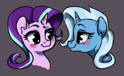 Size: 1791x1095 | Tagged: safe, artist:whale, character:starlight glimmer, character:trixie, species:pony, species:unicorn, ship:startrix, blushing, bust, digital art, ear fluff, female, gray background, lesbian, looking at each other, portrait, raised eyebrow, shipping, simple background, smiling