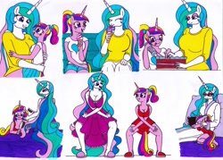 Size: 1600x1148 | Tagged: safe, artist:killerteddybear94, character:princess cadance, character:princess celestia, species:alicorn, species:anthro, species:plantigrade anthro, species:pony, aunt and niece, auntlestia, bathrobe, book, bow, breasts, busty princess cadance, busty princess celestia, cake, clothing, cute, cutedance, cutelestia, dancing, dawwww, eyes closed, female, food, frosting, glasses, hairbrush, holding, ice cream, licking, lidded eyes, mare, momlestia, multicolored hair, nightgown, open mouth, pajamas, ponytail, reading, royalty, shirt, short skirt, skirt, sleeping, slippers, smiling, t-shirt, teen princess cadance, tongue out, traditional art