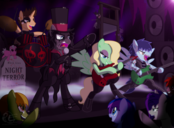 Size: 3400x2500 | Tagged: safe, artist:ponyecho, oc, oc only, oc:night terror, species:pony, alice cooper, audience, band, bipedal, clothing, commission, concert, drum kit, drums, drumsticks, electric guitar, guillotine, guitar, hat, makeup, metal as fuck, microphone, musical instrument, night, open mouth, ponified, tomb, top hat