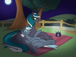 Size: 1280x961 | Tagged: safe, artist:m-p-l, oc, oc only, oc:vanilla buns, species:pegasus, species:pony, species:unicorn, fence, lantern, lying down, moon, moonlight, mother and daughter, on back, on side, pony pillow, tree