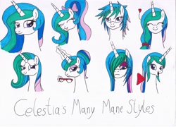 Size: 3482x2506 | Tagged: safe, artist:killerteddybear94, character:princess celestia, alternate hairstyle, bow, cute, cutelestia, emo, eyes closed, female, glasses, hair bow, hair bun, hair over one eye, heart, lidded eyes, looking at you, looking down, magic, messy mane, open mouth, ponytail, sad, short hair, smiling, solo, traditional art