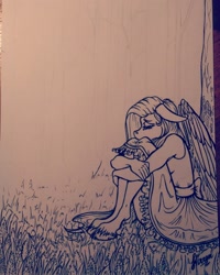 Size: 1728x2160 | Tagged: safe, artist:stirren, character:fluttershy, species:anthro, species:unguligrade anthro, clothing, dress, eyes closed, female, lineart, sadness, sitting, solo, traditional art, unshorn fetlocks, wip