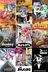Size: 1280x1912 | Tagged: safe, artist:lostinthetrees, character:apple bloom, character:applejack, character:bon bon, character:dj pon-3, character:fluttershy, character:lyra heartstrings, character:octavia melody, character:pinkamena diane pie, character:pinkie pie, character:princess cadance, character:princess luna, character:rainbow dash, character:rarity, character:scootaloo, character:shining armor, character:sweetie belle, character:sweetie drops, character:twilight sparkle, character:vinyl scratch, species:bird, species:pegasus, species:pony, ship:scratchtavia, apple, book, breakfast at tiffany's, carrot, casablanca, clothing, clueless, cutie mark crusaders, explosion, female, fire, flower, food, gone with the wind, jackass, lesbian, magic, mane six, mixer, pulp fiction, rose, shipping, skull, spoon, sunglasses, the godfather, the shining, titanic, underhoof, watermark, wooden spoon