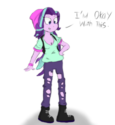Size: 1058x1150 | Tagged: safe, artist:mildockart, character:starlight glimmer, my little pony:equestria girls, spoiler:eqg specials, beanie, boots, breasts, cleavage, clothing, dialogue, female, hat, pants, solo, torn clothes