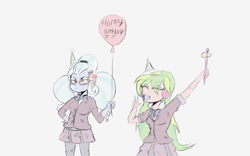 Size: 1920x1200 | Tagged: safe, artist:mildockart, character:lemon zest, character:sugarcoat, equestria girls:friendship games, g4, my little pony: equestria girls, my little pony:equestria girls, balloon, clothing, crystal prep academy uniform, duo, eyes closed, hat, party hat, school uniform, simple background