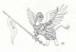 Size: 1200x822 | Tagged: safe, artist:sensko, oc, oc only, species:griffon, armor, black and white, flying, grayscale, hussar, monochrome, pencil drawing, saber, simple background, sketch, solo, sword, traditional art, weapon, white background