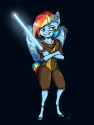 Size: 1200x1600 | Tagged: safe, artist:shimazun, character:rainbow dash, species:anthro, species:pegasus, species:unguligrade anthro, g4, black background, clothing, colored hooves, crossover, disney, female, hooves, jedi, lightsaber, lucasfilm, mare, scar, signature, simple background, solo, star wars, unshorn fetlocks, weapon