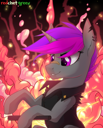 Size: 1500x1852 | Tagged: safe, artist:redchetgreen, oc, oc only, species:pony, species:unicorn, bandage, clothing, fire, solo