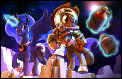 Size: 1600x1039 | Tagged: safe, artist:harwick, character:applejack, character:princess luna, species:alicorn, species:earth pony, species:pony, alcohol, astronaut, magic, moon, moonshine, space, space suit