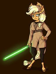Size: 1200x1600 | Tagged: safe, artist:shimazun, character:applejack, species:anthro, species:earth pony, species:unguligrade anthro, g4, clothing, colored hooves, cowboy hat, crossover, disney, female, hat, hooves, jedi, lightsaber, lucasfilm, mare, signature, solo, star wars, stetson, unshorn fetlocks, weapon