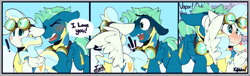 Size: 748x227 | Tagged: safe, artist:kribbles, character:sky stinger, character:vapor trail, species:pegasus, species:pony, ship:vaporsky, g4, blushing, clothing, comic, confession, cute, dialogue, embarrassed, exclamation point, eyes closed, female, floppy ears, goggles, heart, male, open mouth, shipping, straight, uniform, wavy mouth, wonderbolt trainee uniform