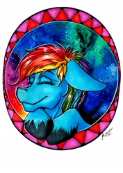 Size: 1533x2160 | Tagged: safe, artist:stirren, character:rainbow dash, bust, female, happy, portrait, smiling, solo, traditional art
