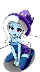 Size: 752x1334 | Tagged: safe, artist:nekojackun, character:trixie, my little pony:equestria girls, breasts, cleavage, clothing, cute, diatrixes, female, hat, looking at you, midriff, missing shoes, moe, open mouth, skirt, sleeveless, solo, stockings, tank top, thigh highs, trixie's hat, zettai ryouiki
