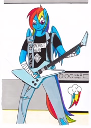 Size: 2456x3433 | Tagged: safe, artist:killerteddybear94, character:rainbow dash, species:anthro, amplifier, anthrax, bandage, clothing, cutie mark, electric guitar, female, guitar, jeans, machine head, megadeth, metal, metallica, pants, patch, rainbow thrash, ripped jeans, slayer, smiling, solo, tail, testament, thrash metal, traditional art, wings