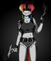 Size: 1500x1800 | Tagged: safe, alternate version, artist:ponyecho, character:rainbow dash, species:anthro, black lagoon, blood, breasts, busty rainbow dash, cleavage, crossover, female, gun, monochrome, neo noir, partial color, revy, smoking, solo, tattoo, weapon