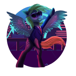 Size: 1000x1000 | Tagged: safe, artist:trojan-pony, character:derpy hooves, species:pegasus, species:pony, aesthetics, bipedal, clothing, female, grin, raised hoof, smiling, solo, spread wings, suit, sunglasses, vaporwave, wings