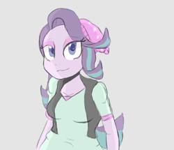 Size: 1220x1048 | Tagged: safe, artist:mildockart, character:starlight glimmer, my little pony:equestria girls, beanie, clothing, eyeshadow, female, hat, lidded eyes, looking at you, makeup, simple background, smiling, solo, vest