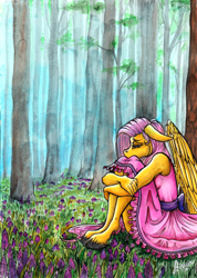 Size: 1742x2450 | Tagged: safe, artist:stirren, character:fluttershy, species:anthro, species:pegasus, species:pony, species:unguligrade anthro, clothing, dress, female, forest, sad, sadness, sitting, solo, traditional art, tree, unshorn fetlocks